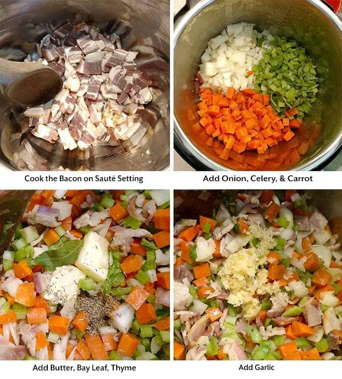 four process images showing the cooking of bacon, addition of onion, celery, carrot, and spices into a pressure cooker pot