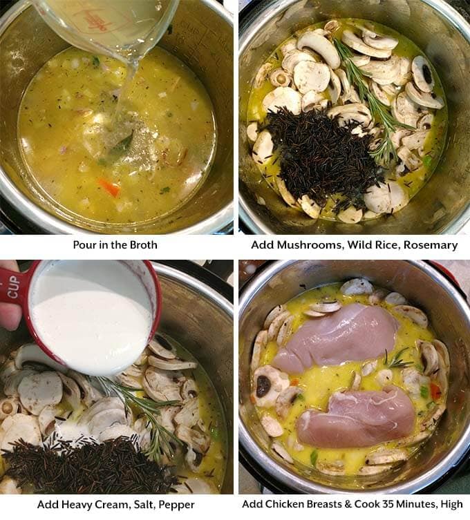 four process images showing the addition of broth, and other ingredients into the pressure cooker pot