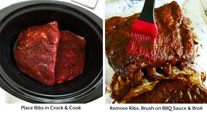 two process images showing the ribs in the slow cooker, and removing them and brushing them with barbecue sauce