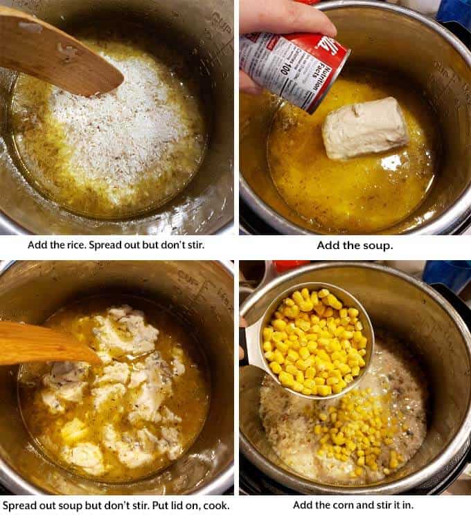 four images showing the addition of soup, corn, and cheese to make the cheesy hamburger casserole